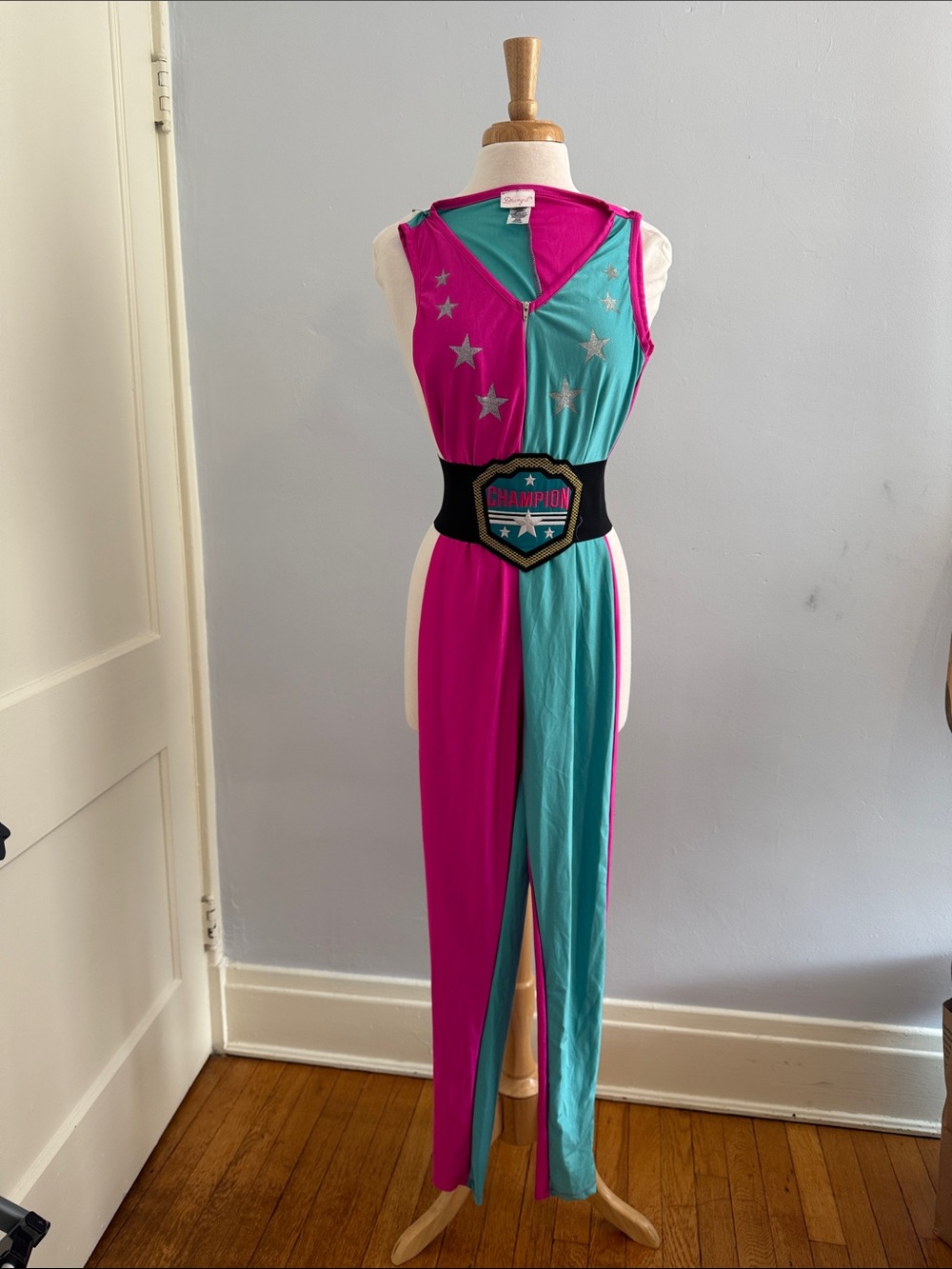 Dreamgirl Wrestler Costume: Sleeveless Jumpsuit in Pink & Teal with Logo Belt